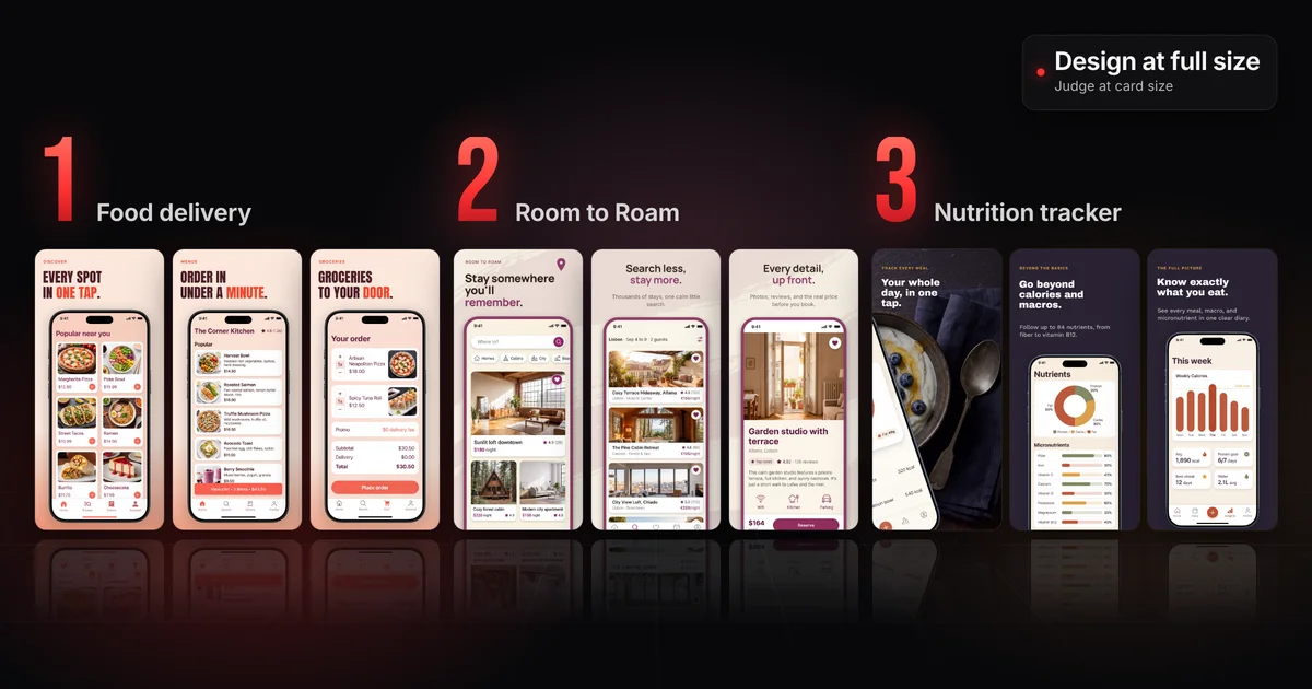 The three fictional example apps from this guide, each shown as three real Screenodon screenshots under a large number: 1, a food delivery app; 2, Room to Roam, a vacation stays app on a calm cream background; 3, a nutrition tracker on a dark template.