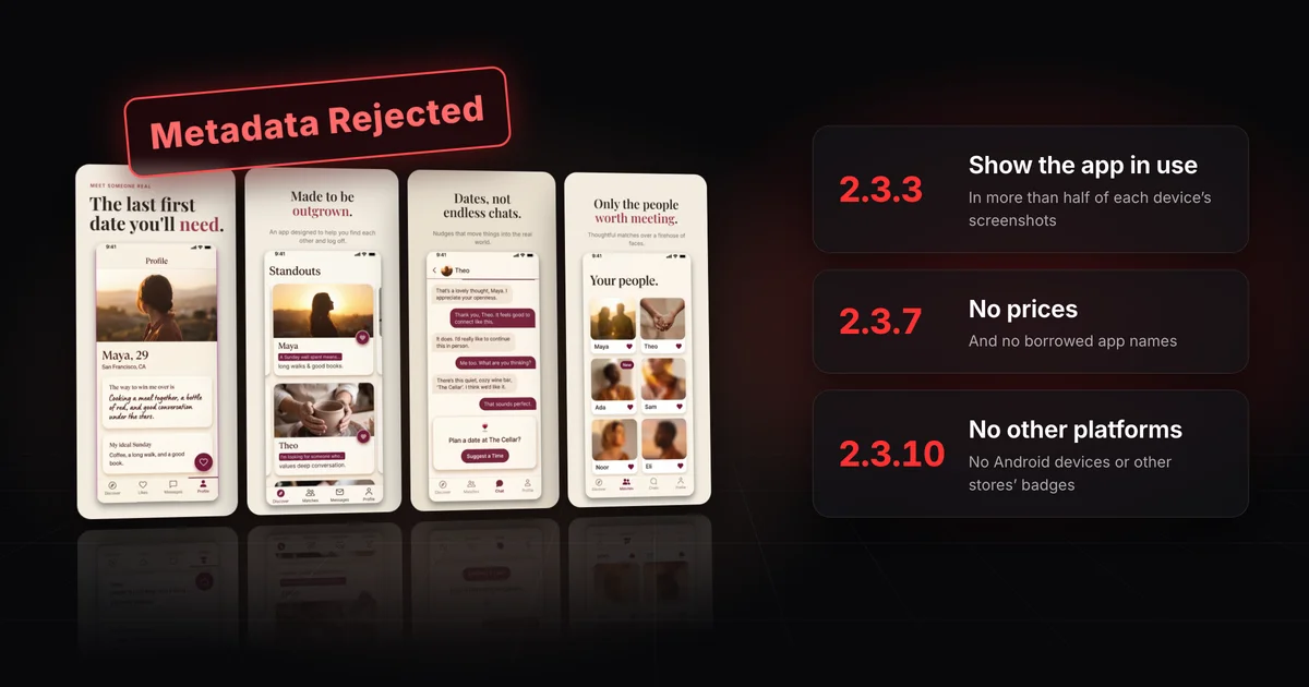 Four screenshots of Kindred, a fictional dating app made in Screenodon, under a red Metadata Rejected label, beside three rule cards: 2.3.3, show the app in use in more than half of each device’s screenshots; 2.3.7, no prices; 2.3.10, no other platforms.