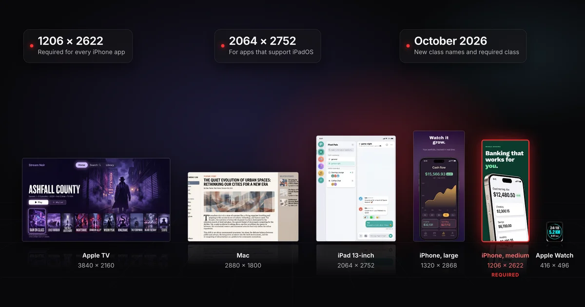 Screenshot canvases for every Apple device drawn to one scale and standing in a row: Apple TV, Mac, the 13-inch iPad, the large iPhone, the required iPhone at 1206 × 2622 lit in red, and Apple Watch, each filled with a real Screenodon screenshot of a fictional app.