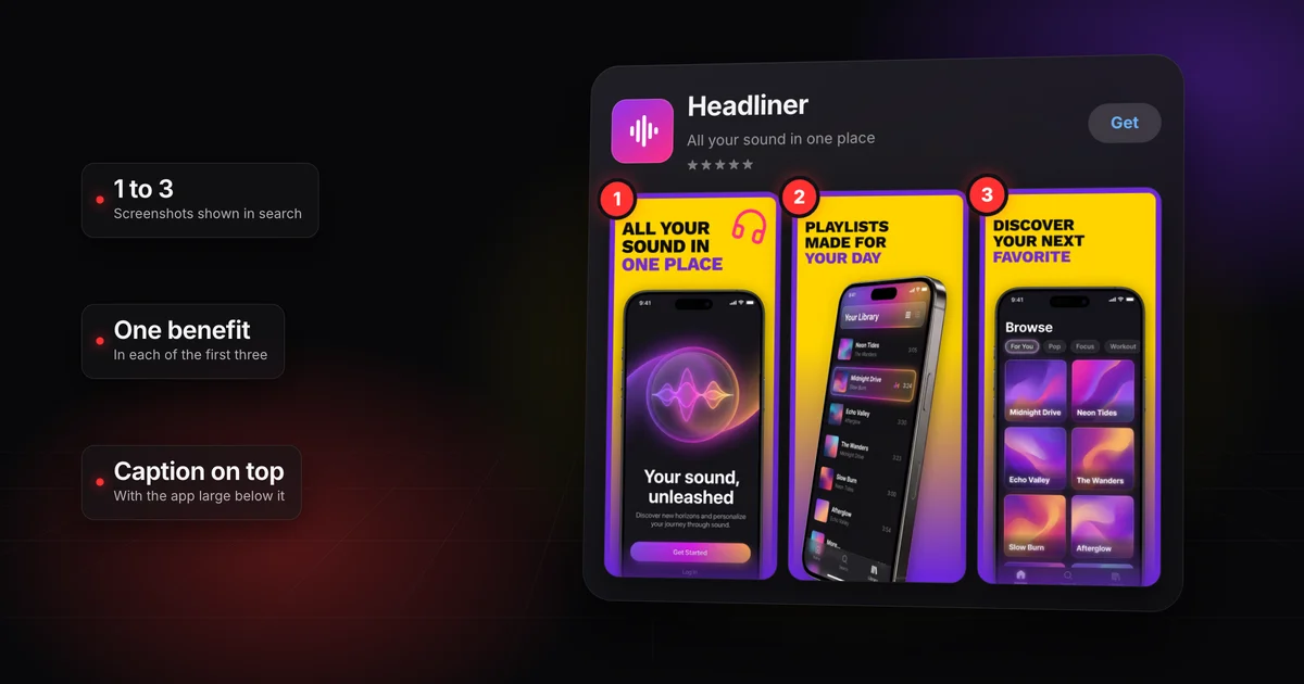 An App Store search result for Headliner, a fictional music app made in Screenodon, blown up large: its icon and name above its first three screenshots, yellow posters that each sell one benefit, beside three labels: one to three screenshots show in search, one benefit in each, the caption on top with the app large below.