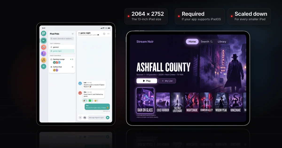 Two 13-inch iPads in real device frames standing side by side: a dark one in portrait showing a chat app with a sidebar, and a silver one in landscape showing a streaming app, under labels for the 2064 × 2752 size and when Apple requires it.