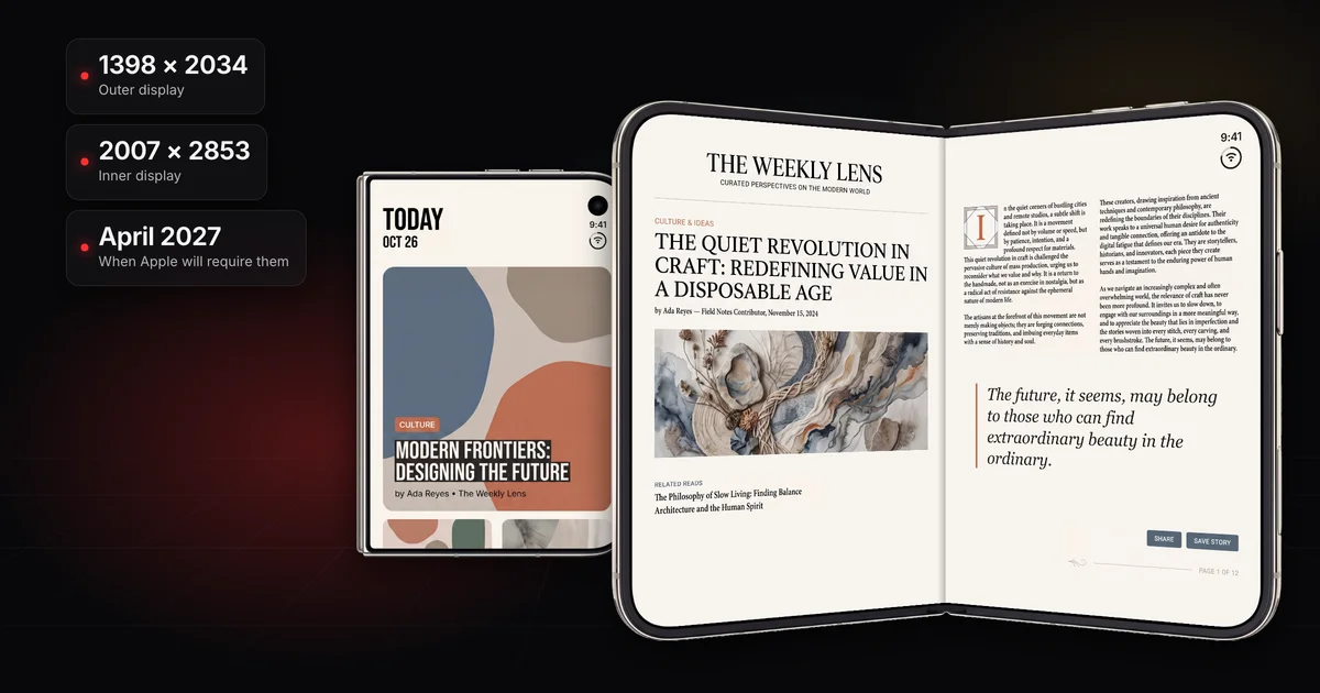 An iPhone Duo in real device frames: the outer display standing upright with a magazine app, beside the inner display open like a book with a magazine spread across both halves, under labels for the outer and inner screenshot sizes and the April 2027 requirement.